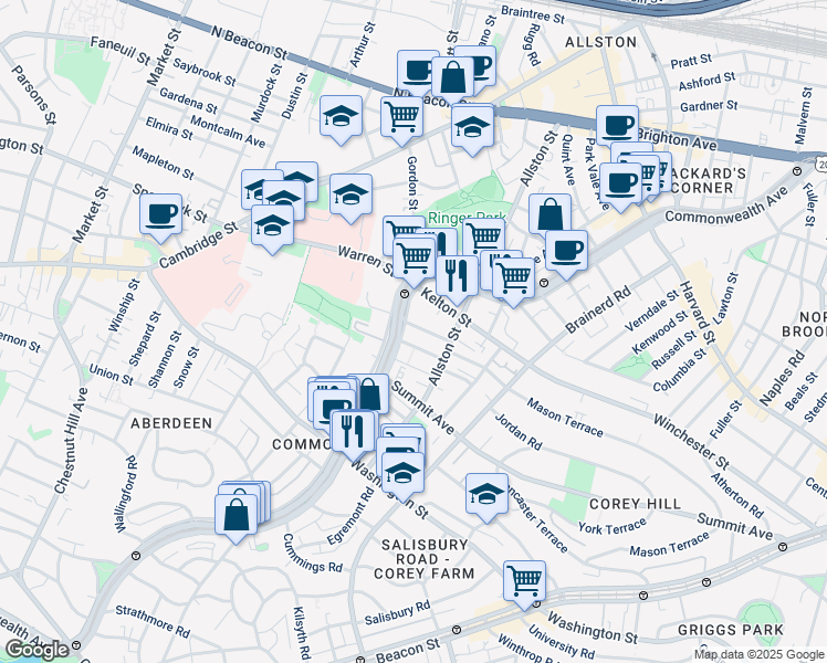 map of restaurants, bars, coffee shops, grocery stores, and more near 1486 Commonwealth Avenue in Boston