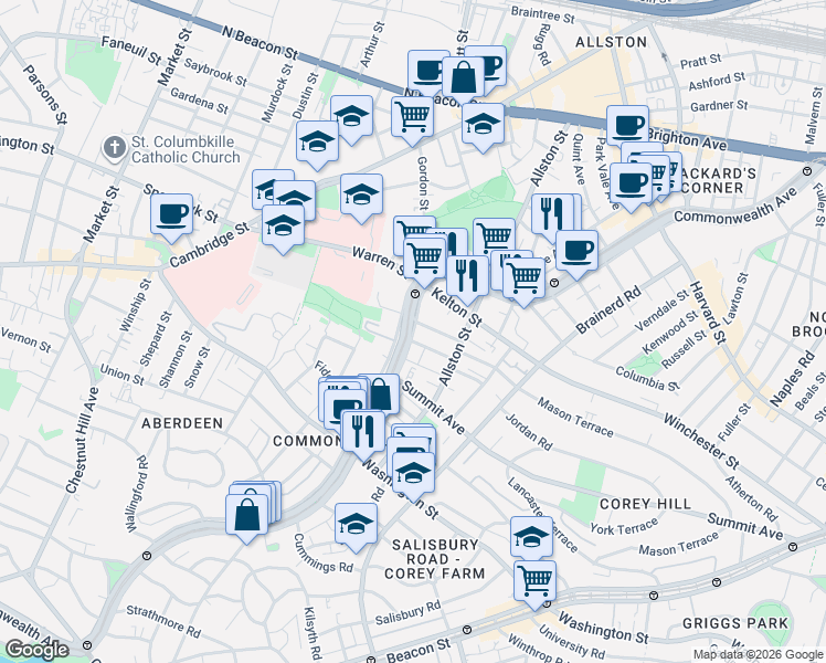 map of restaurants, bars, coffee shops, grocery stores, and more near 1486 Commonwealth Avenue in Boston