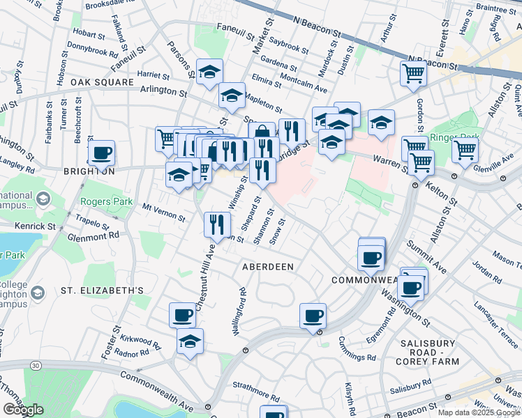 map of restaurants, bars, coffee shops, grocery stores, and more near 30 Shannon Street in Boston