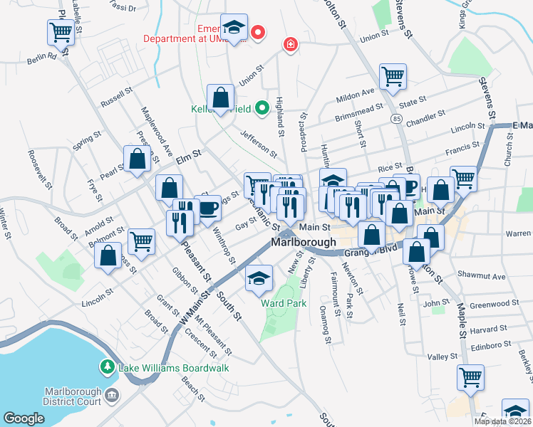 map of restaurants, bars, coffee shops, grocery stores, and more near 32 Mechanic Street in Marlborough