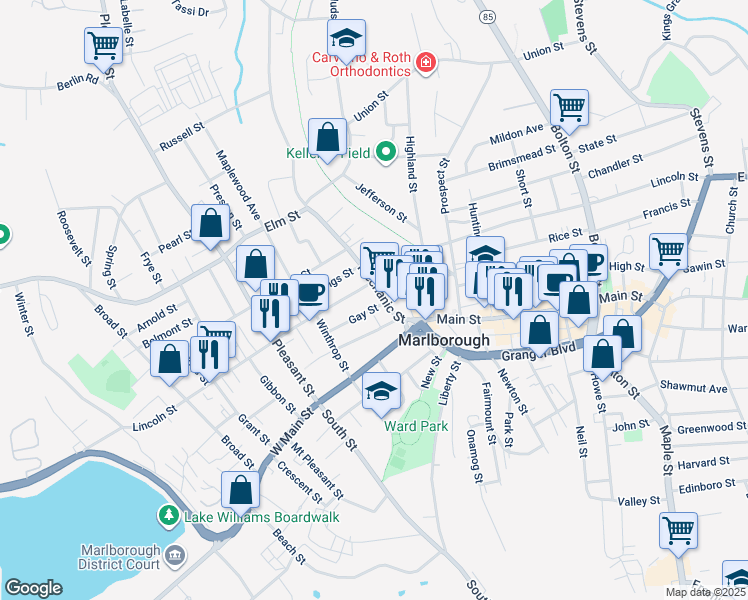 map of restaurants, bars, coffee shops, grocery stores, and more near 30 Gay Street in Marlborough
