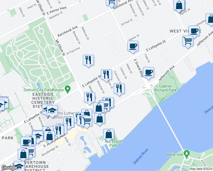 map of restaurants, bars, coffee shops, grocery stores, and more near 535 Beaufait Street in Detroit