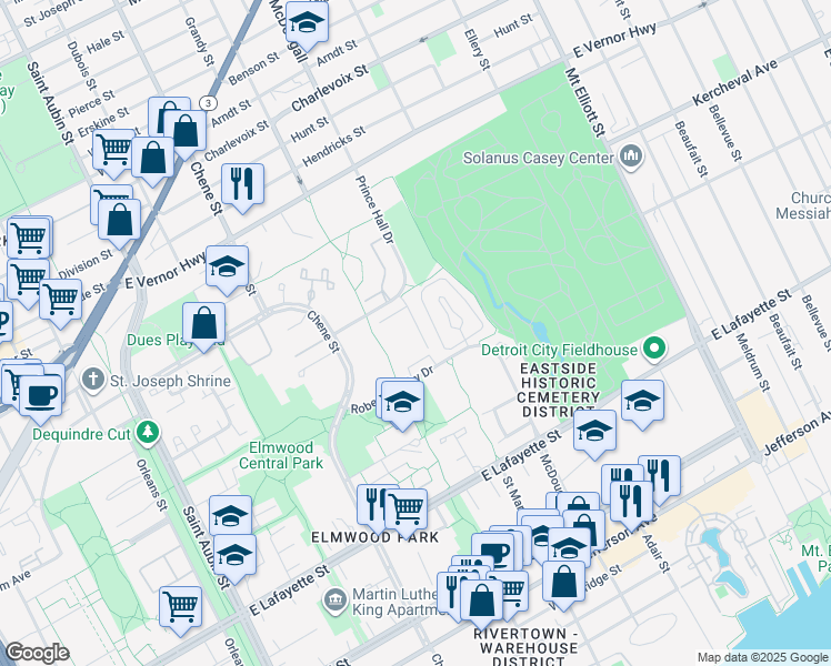 map of restaurants, bars, coffee shops, grocery stores, and more near 1925 Campau Farms Circle in Detroit