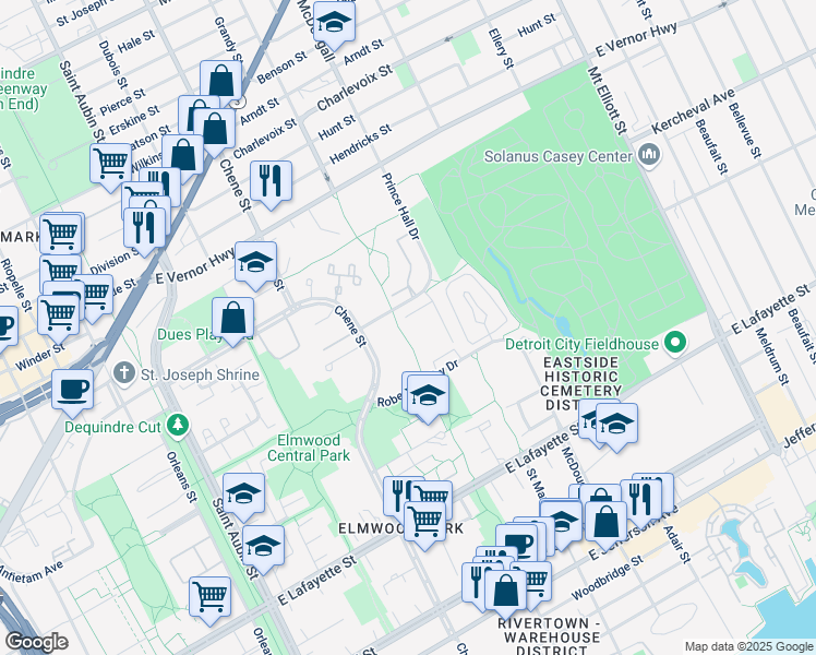 map of restaurants, bars, coffee shops, grocery stores, and more near 1900 Chene in Detroit