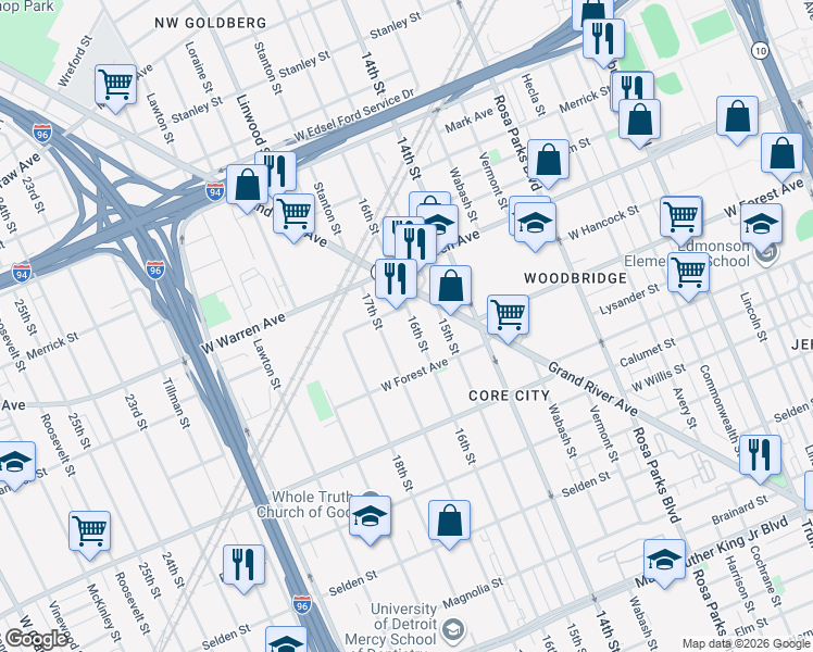map of restaurants, bars, coffee shops, grocery stores, and more near 4651 16th Street in Detroit