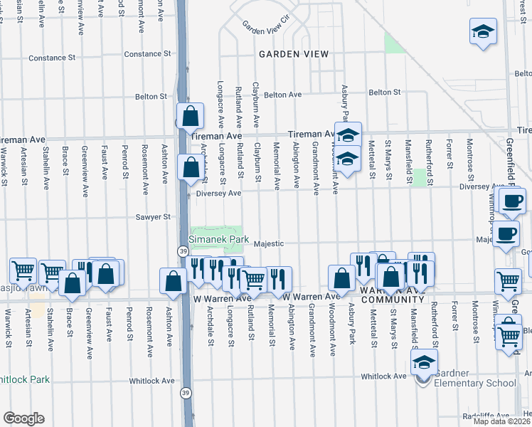 map of restaurants, bars, coffee shops, grocery stores, and more near 7445 Memorial Street in Detroit