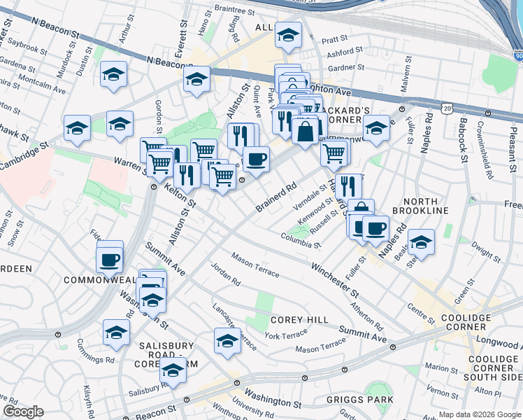 map of restaurants, bars, coffee shops, grocery stores, and more near 78 Brainerd Road in Boston
