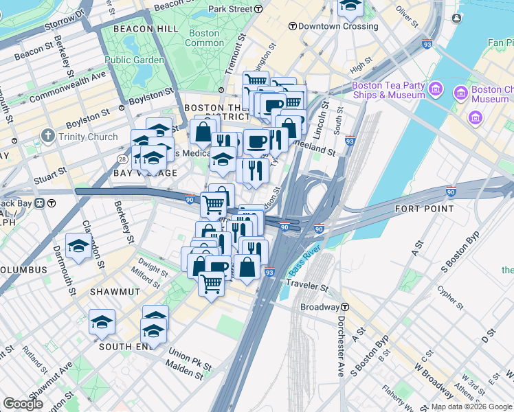 map of restaurants, bars, coffee shops, grocery stores, and more near 288 Harrison Avenue in Boston
