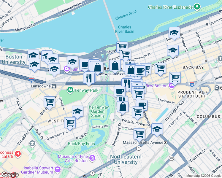 map of restaurants, bars, coffee shops, grocery stores, and more near 3780 Boylston Street in Boston