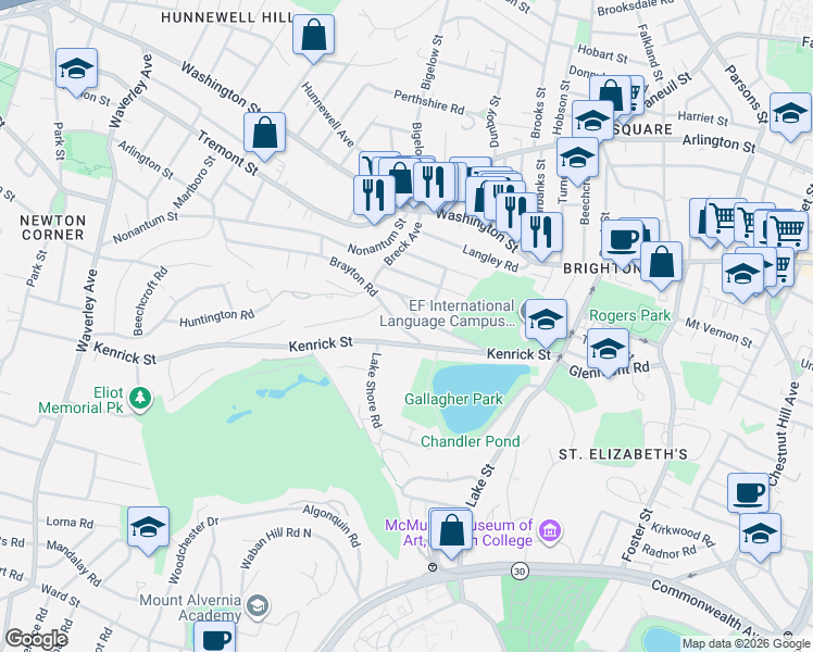 map of restaurants, bars, coffee shops, grocery stores, and more near 110-112 Kenrick Street in Boston