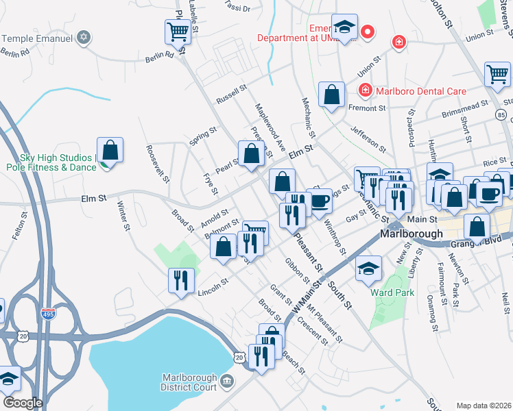 map of restaurants, bars, coffee shops, grocery stores, and more near 135 Chestnut Street in Marlborough