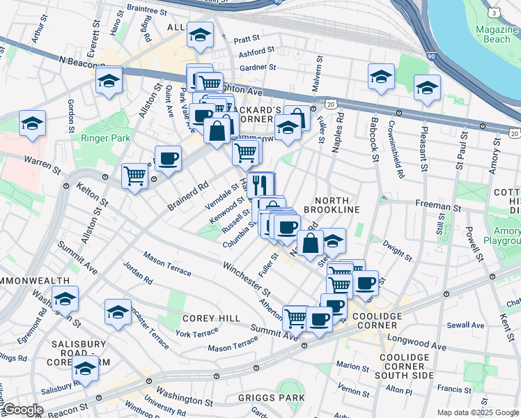 map of restaurants, bars, coffee shops, grocery stores, and more near 458 Harvard Street in Brookline
