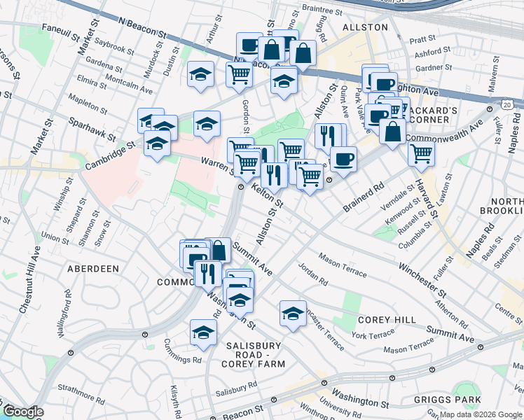 map of restaurants, bars, coffee shops, grocery stores, and more near 15 Boulevard Terrace in Boston