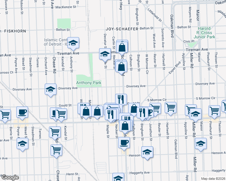 map of restaurants, bars, coffee shops, grocery stores, and more near 7442 Neckel Street in Dearborn
