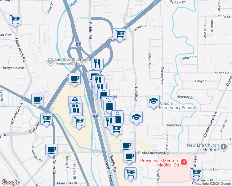 map of restaurants, bars, coffee shops, grocery stores, and more near 1122 Morrow Road in Medford