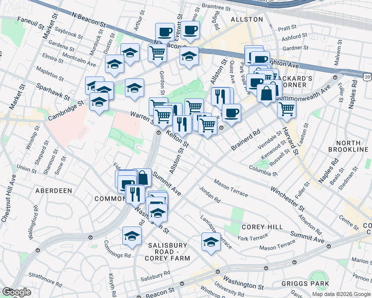 map of restaurants, bars, coffee shops, grocery stores, and more near 197 Kelton Street in Allston