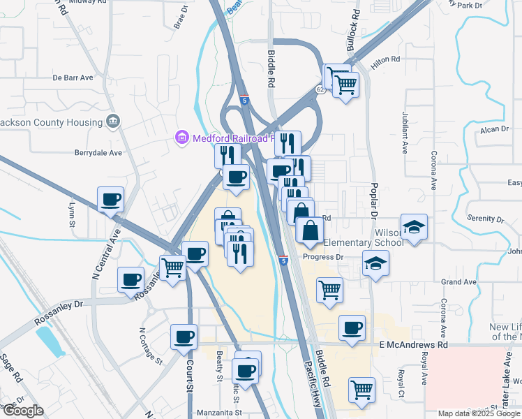 map of restaurants, bars, coffee shops, grocery stores, and more near 2000 Crater Lake Highway in Medford