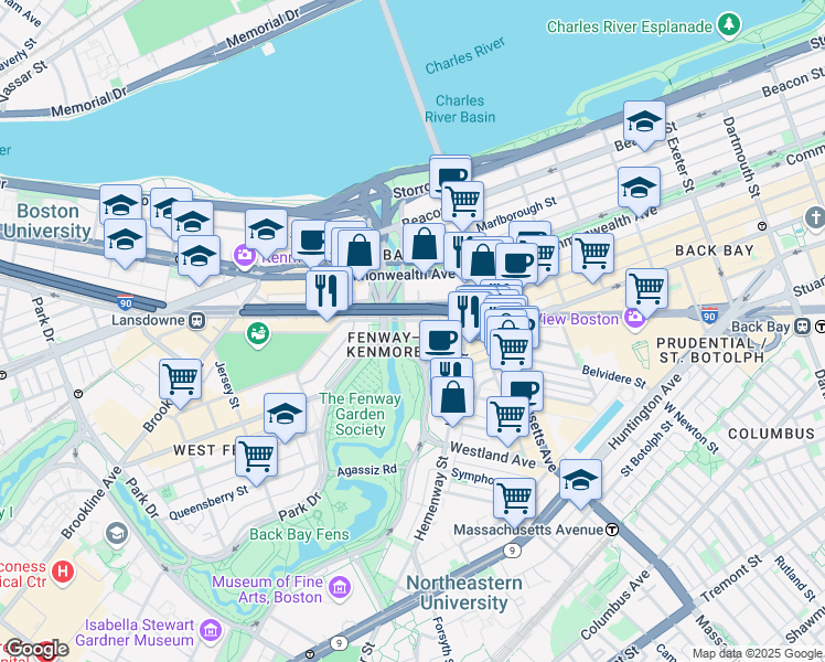 map of restaurants, bars, coffee shops, grocery stores, and more near 52 Charlesgate East in Boston