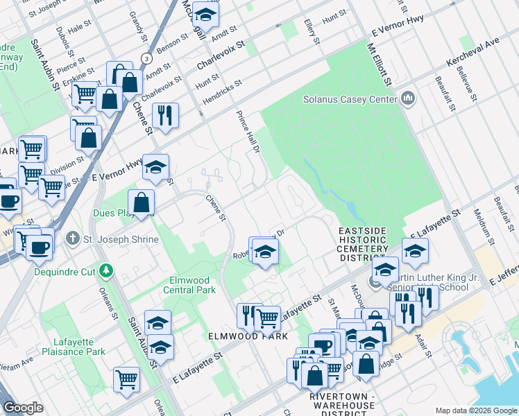 map of restaurants, bars, coffee shops, grocery stores, and more near 1925 Campau Farms Circle in Detroit