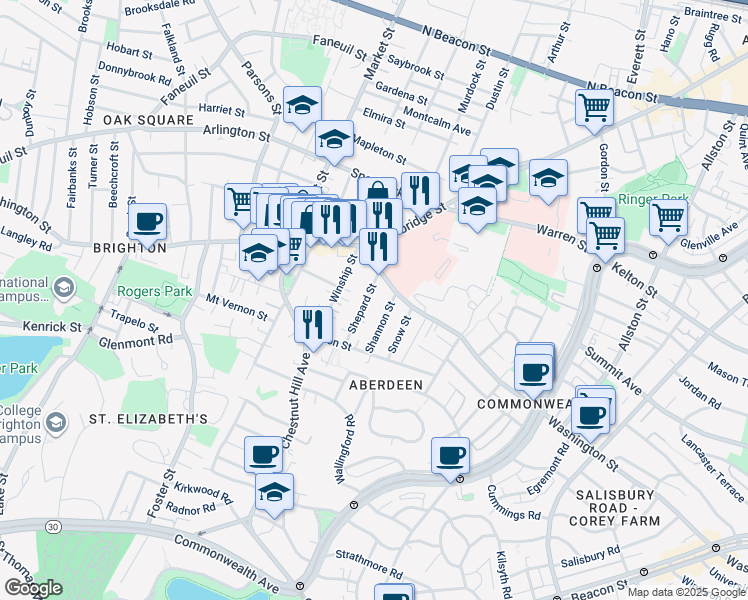 map of restaurants, bars, coffee shops, grocery stores, and more near 30 Shannon Street in Boston