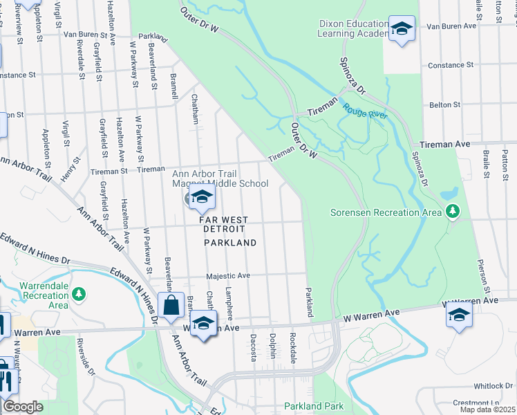 map of restaurants, bars, coffee shops, grocery stores, and more near 7645 Dolphin in Detroit