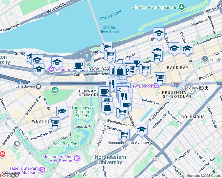 map of restaurants, bars, coffee shops, grocery stores, and more near in Boston