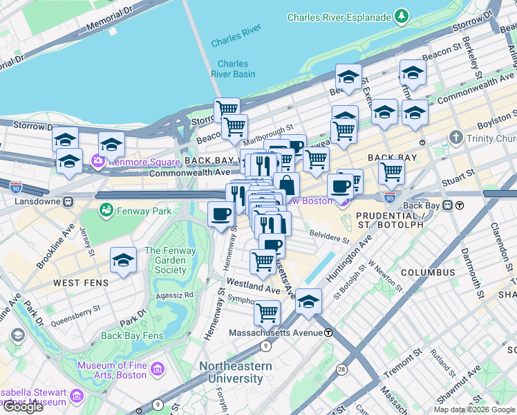 map of restaurants, bars, coffee shops, grocery stores, and more near in Boston