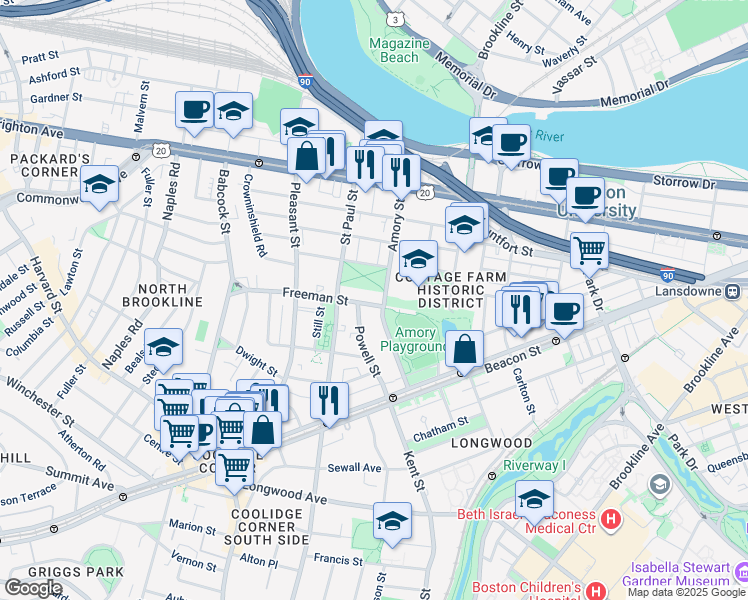 map of restaurants, bars, coffee shops, grocery stores, and more near 64 Amory Street in Brookline