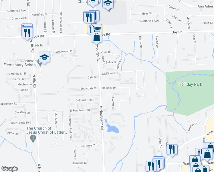 map of restaurants, bars, coffee shops, grocery stores, and more near 37180 Russell Drive in Westland