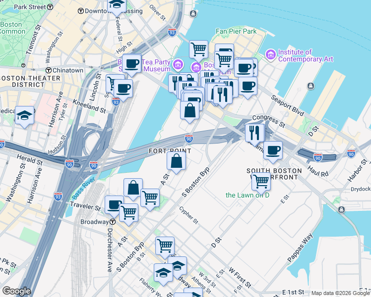 map of restaurants, bars, coffee shops, grocery stores, and more near 35 Channel Center Street in Boston