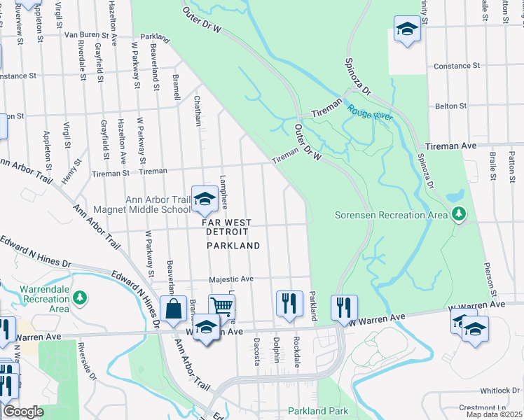 map of restaurants, bars, coffee shops, grocery stores, and more near 7645 Dolphin Street in Detroit