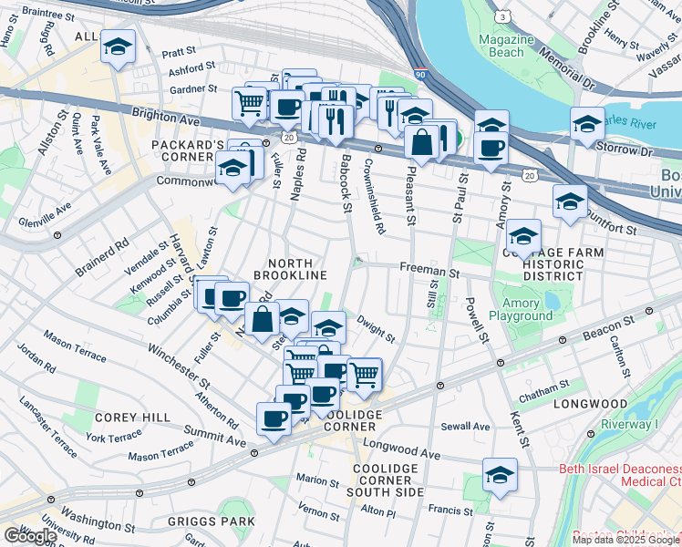 map of restaurants, bars, coffee shops, grocery stores, and more near 145 Babcock Street in Brookline