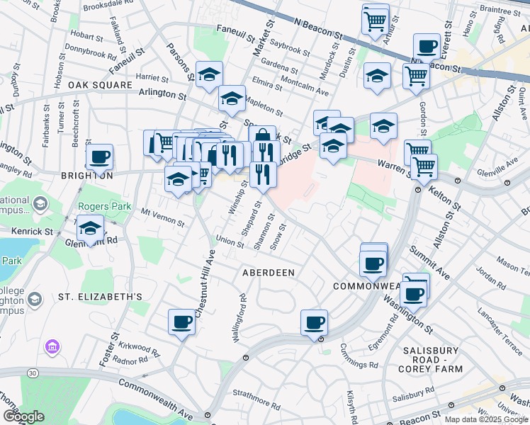 map of restaurants, bars, coffee shops, grocery stores, and more near in Boston