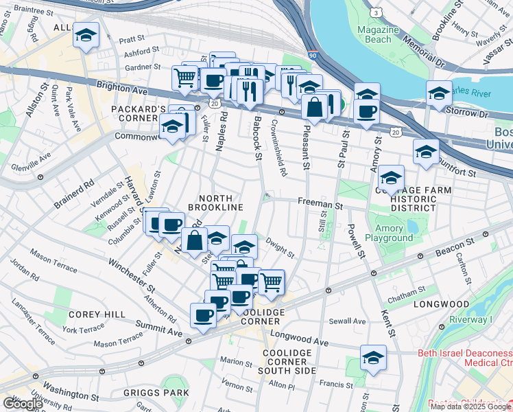 map of restaurants, bars, coffee shops, grocery stores, and more near 145 Babcock Street in Brookline