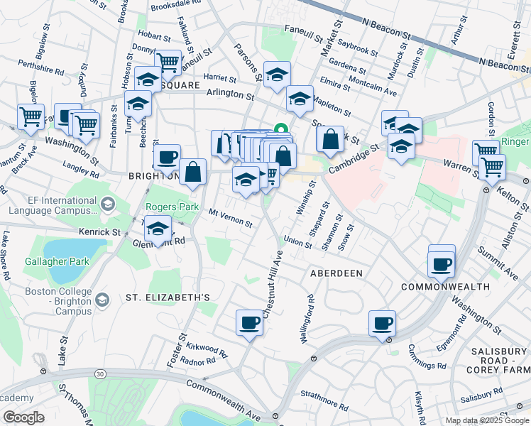 map of restaurants, bars, coffee shops, grocery stores, and more near Chestnut Hill Ave & Academy Hill Rd in Boston