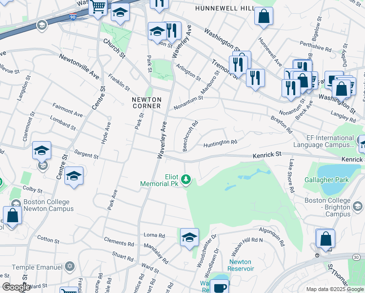 map of restaurants, bars, coffee shops, grocery stores, and more near 50 Farlow Road in Newton