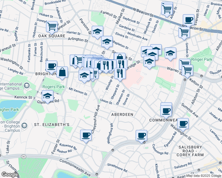 map of restaurants, bars, coffee shops, grocery stores, and more near 18 Winship Street in Boston