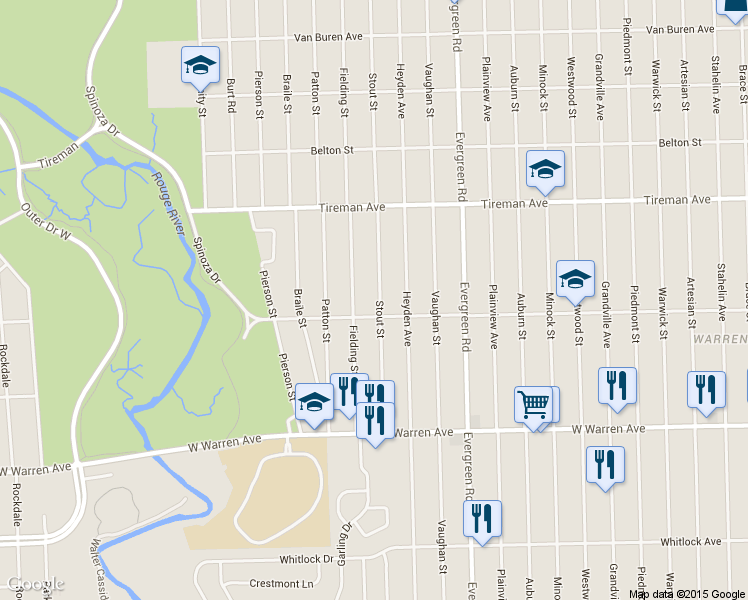map of restaurants, bars, coffee shops, grocery stores, and more near 7633 Stout Street in Detroit