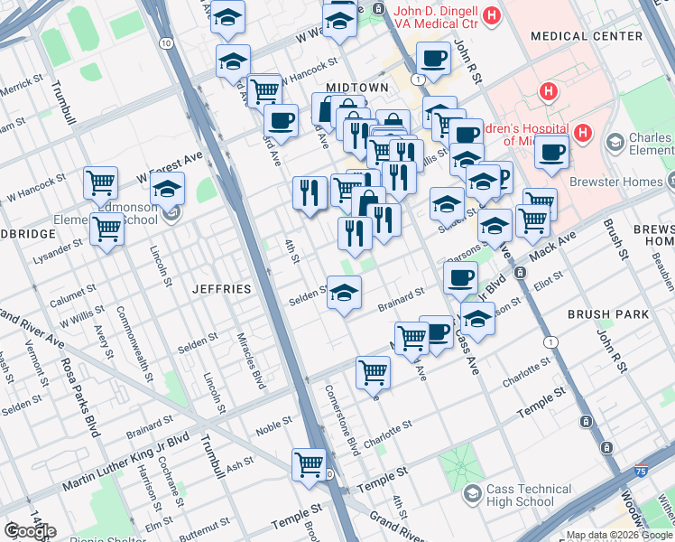 map of restaurants, bars, coffee shops, grocery stores, and more near 686 Selden Street in Detroit