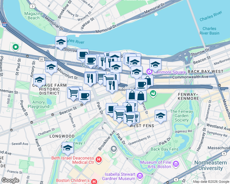 map of restaurants, bars, coffee shops, grocery stores, and more near 46 Mountfort Street in Boston