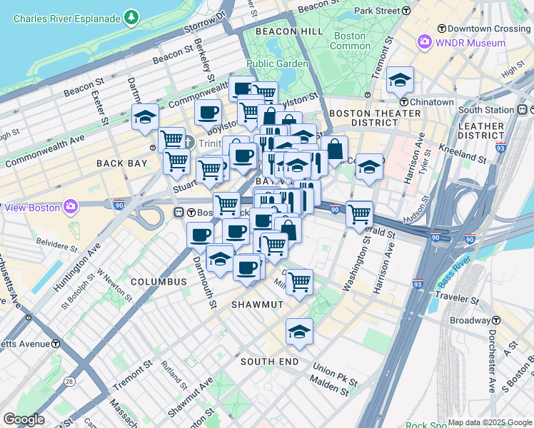 map of restaurants, bars, coffee shops, grocery stores, and more near 95 Berkeley Street in Boston