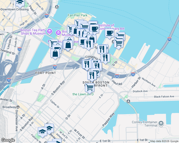 map of restaurants, bars, coffee shops, grocery stores, and more near 393-411 Summer Street in Boston