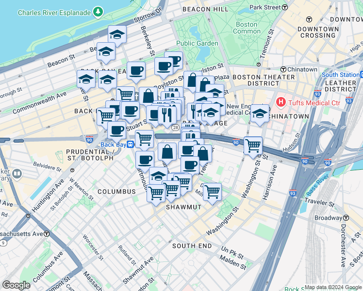 map of restaurants, bars, coffee shops, grocery stores, and more near 108 Berkeley Street in Boston