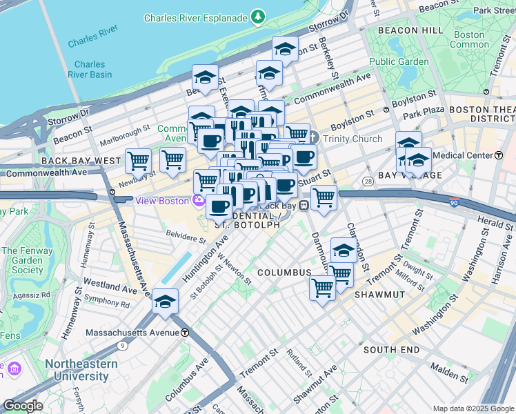 map of restaurants, bars, coffee shops, grocery stores, and more near 53 Huntington Avenue in Boston