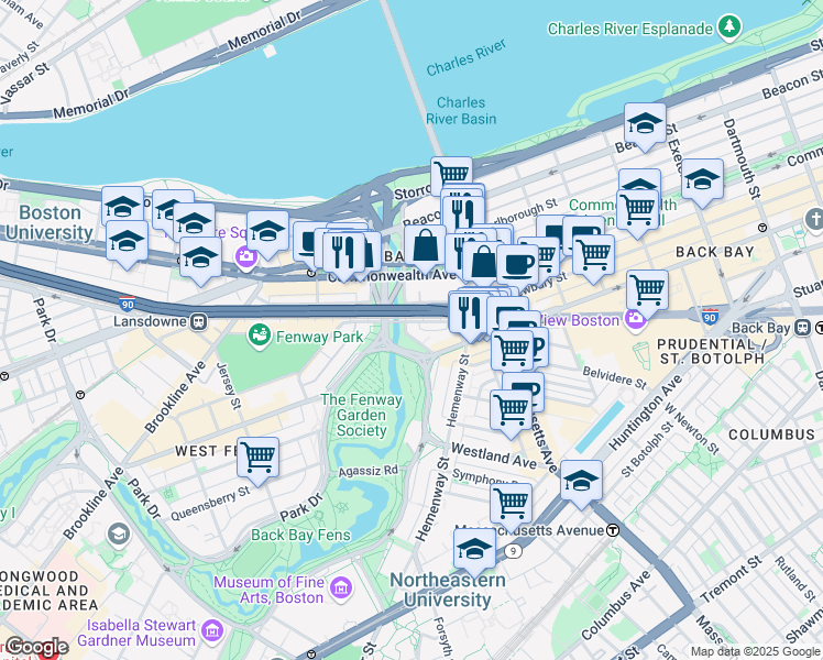 map of restaurants, bars, coffee shops, grocery stores, and more near 427 Newbury Street in Boston
