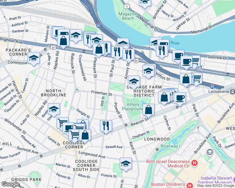 map of restaurants, bars, coffee shops, grocery stores, and more near 303 Saint Paul Street in Brookline