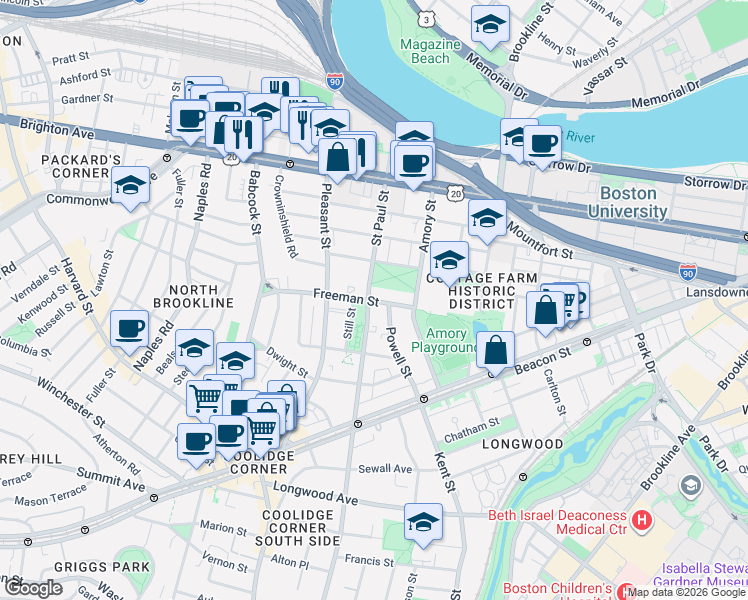 map of restaurants, bars, coffee shops, grocery stores, and more near in Brookline