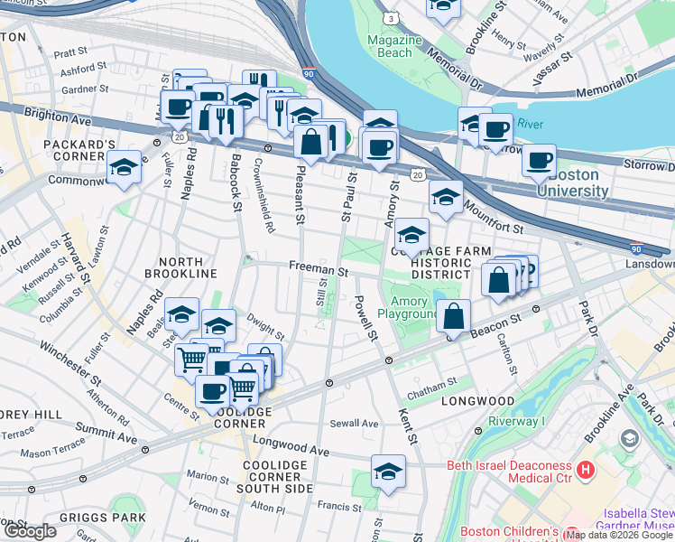 map of restaurants, bars, coffee shops, grocery stores, and more near in Brookline