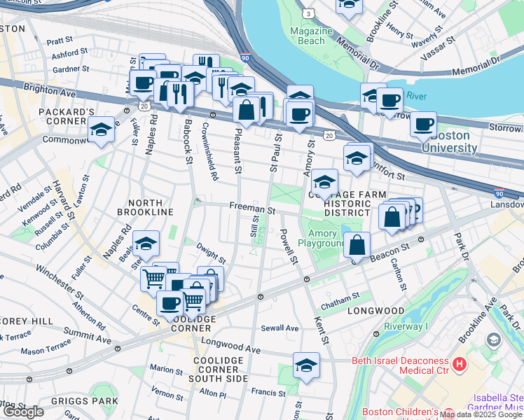 map of restaurants, bars, coffee shops, grocery stores, and more near in Brookline