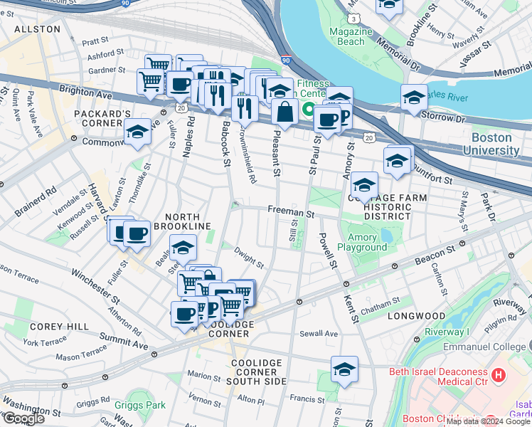 map of restaurants, bars, coffee shops, grocery stores, and more near 217 Freeman Street in Brookline